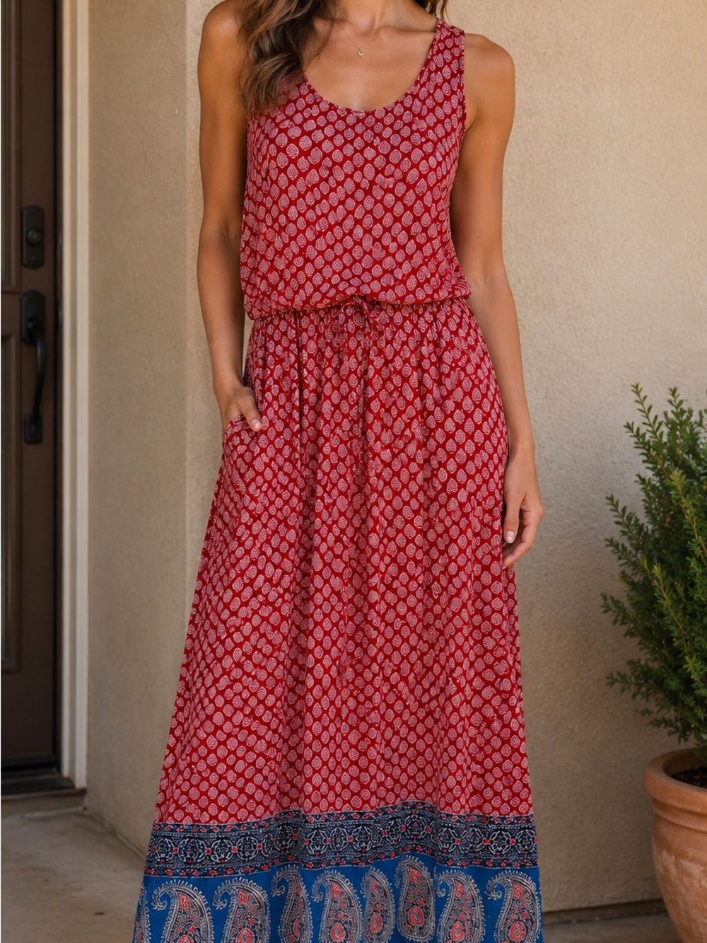 beachlunchlounge Red Printed Maxi Dress with Blue Border